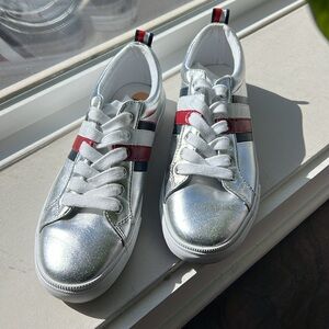 Silver Sneakers with Red, White and Blue Stripes